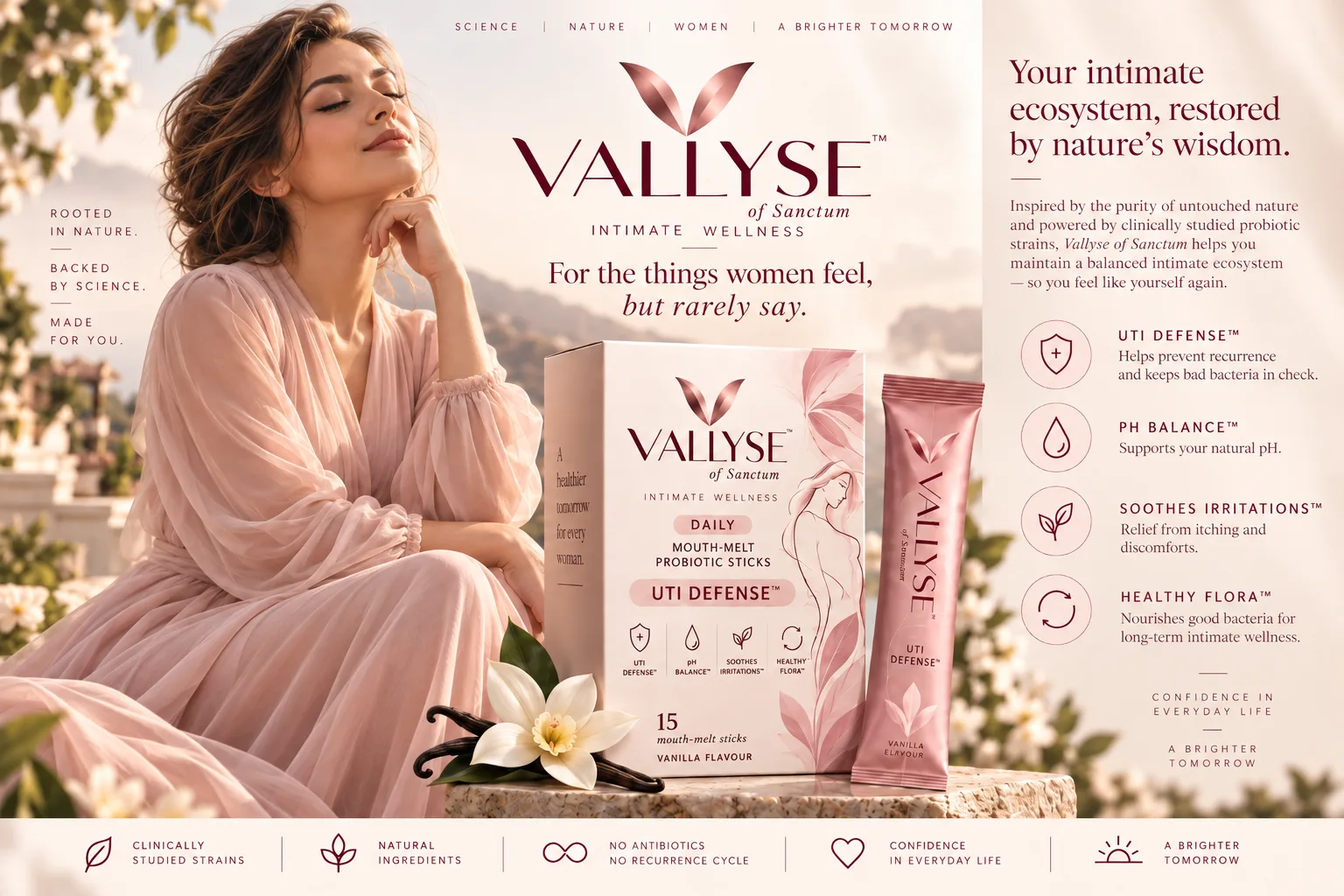 Vallyse of Sanctum Daily Mouth-Melt Probiotic Sticks, vanilla — UTI Defense, pH Balance, Soothes Irritations and Healthy Flora