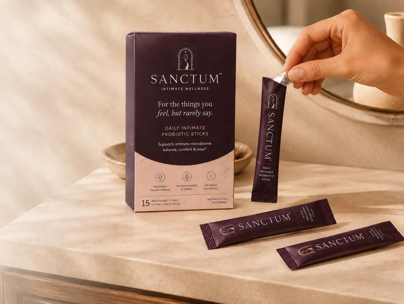 Sanctum Daily pack with a mouth-melt stick being opened