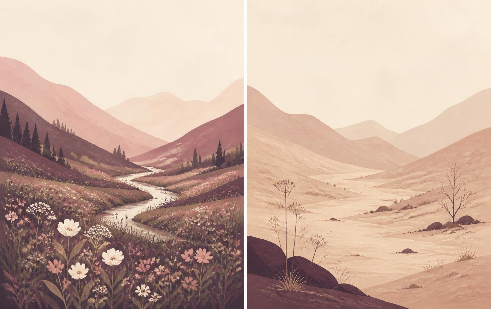 A woman standing in an open valley at first light