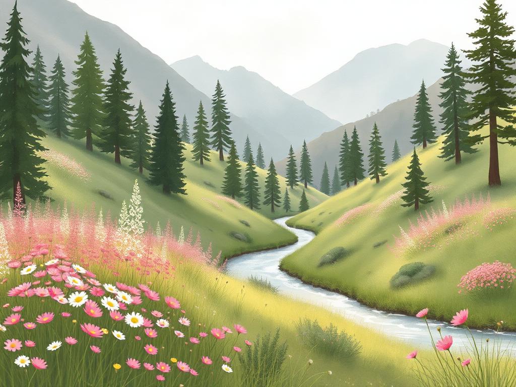 Illustration of a blooming valley with wildflowers and a clear river