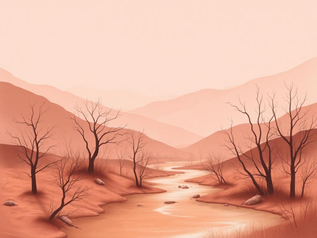 Illustration of a dry, muted valley with bare trees